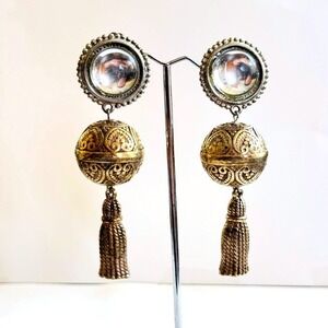 VTG Leslie Block earrings dangle silver BOHO Chunky Cabohcon clip designer 3.75"